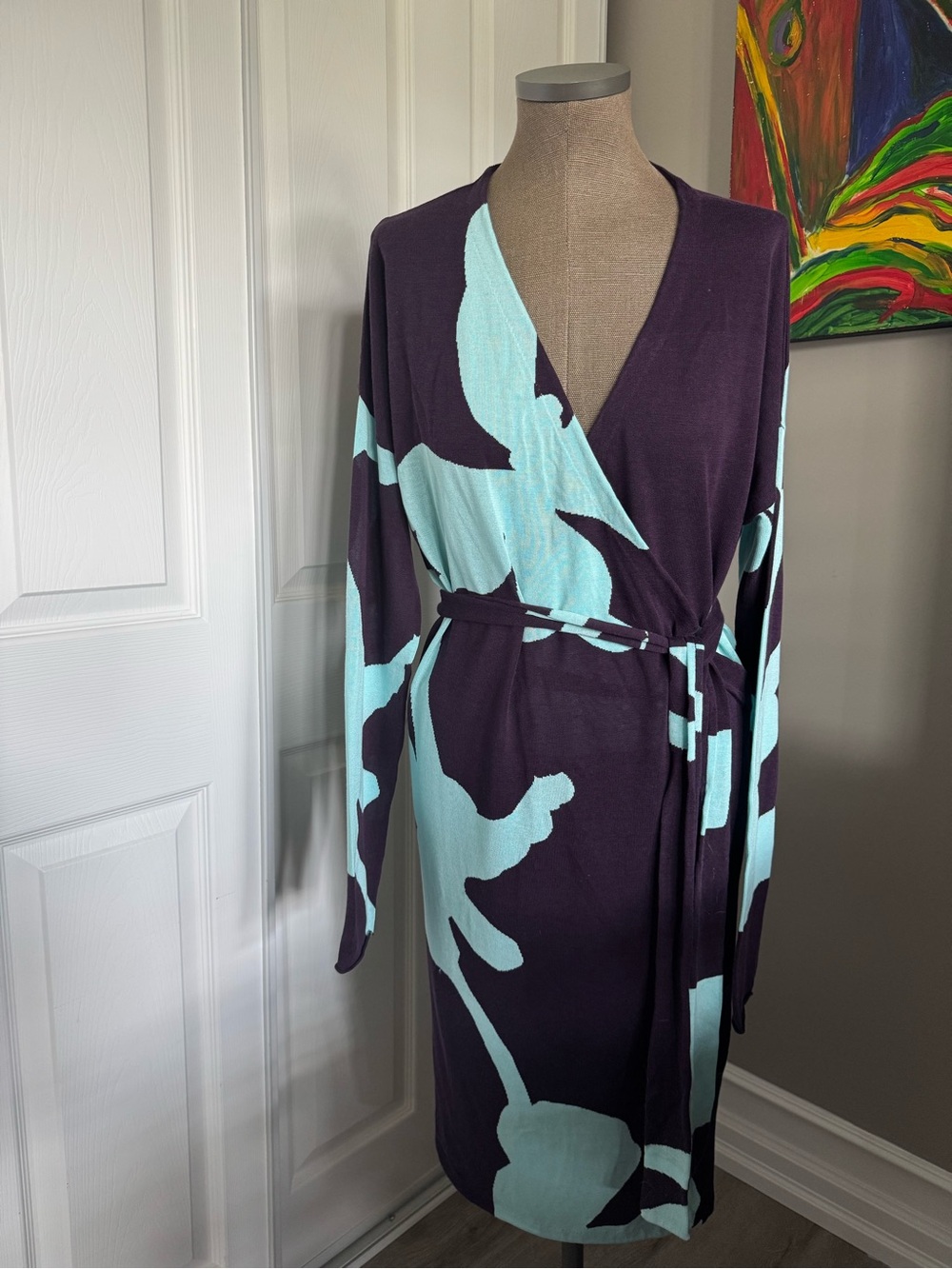 Diane Von Furstenberg Dark Purple Dress with Light Aqua Floral Print